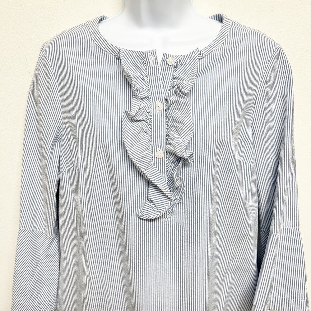 Draper James Womens Blue White Seersucker Ruffle Sleeve Collar Shift Dress - Picture 3 of 8